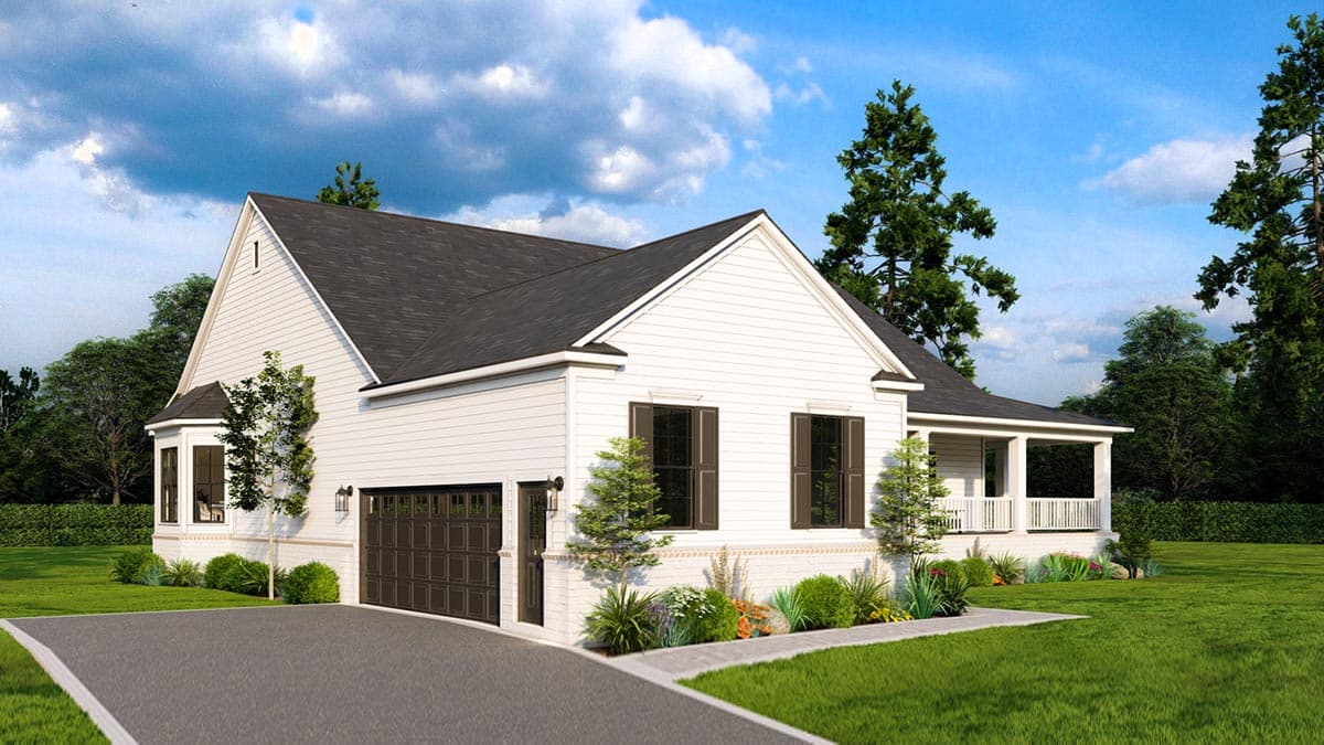 House plan exterior: White Modern Farmhouse style, one story, with a side-entry garage, gable roof, and covered porch.