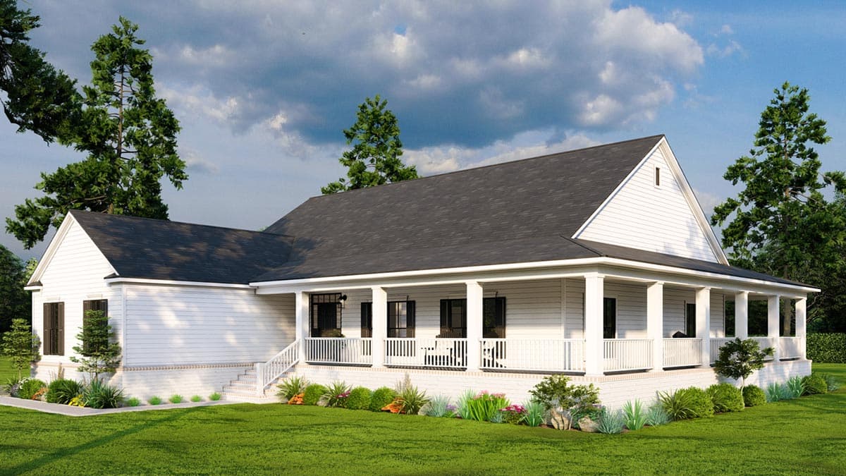 House plan exterior: Ranch style, one story, white siding, L-shaped wraparound porch with white columns, dark-shingled roof.