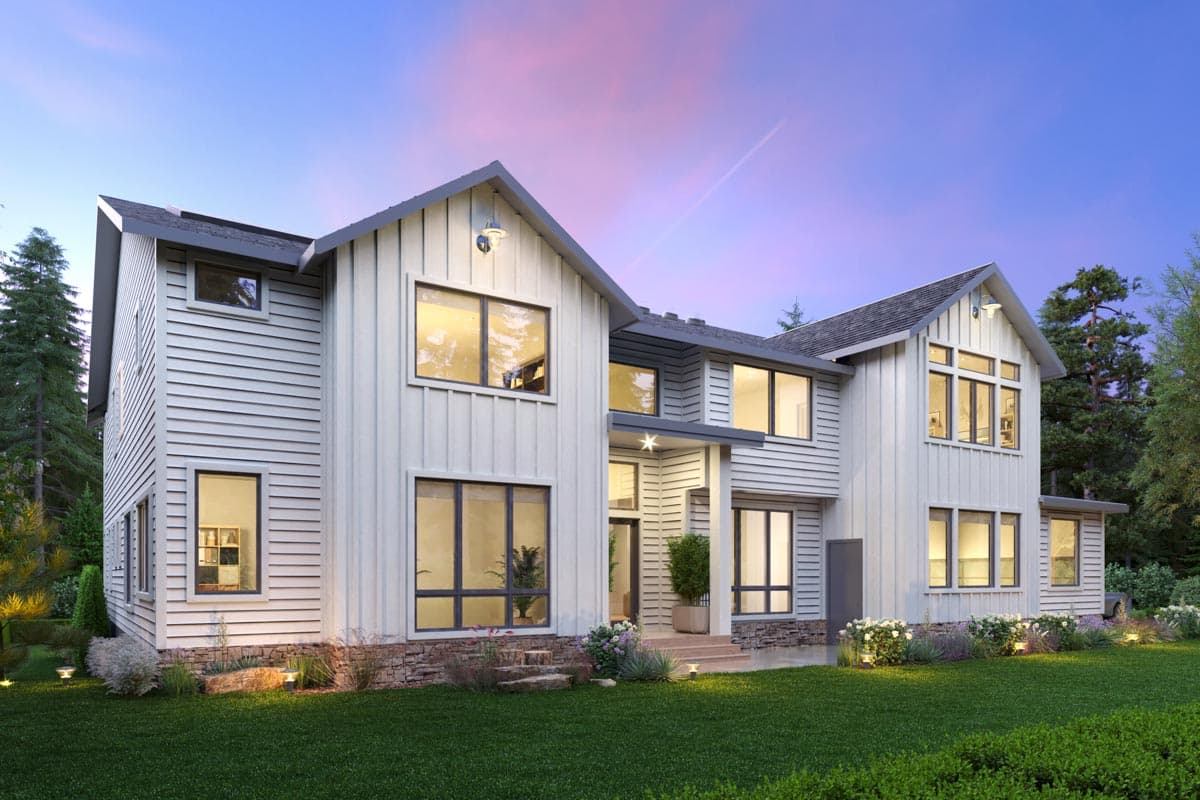 Modern Farmhouse house plan exterior, two stories, vertical siding, prominent gables, and large windows.