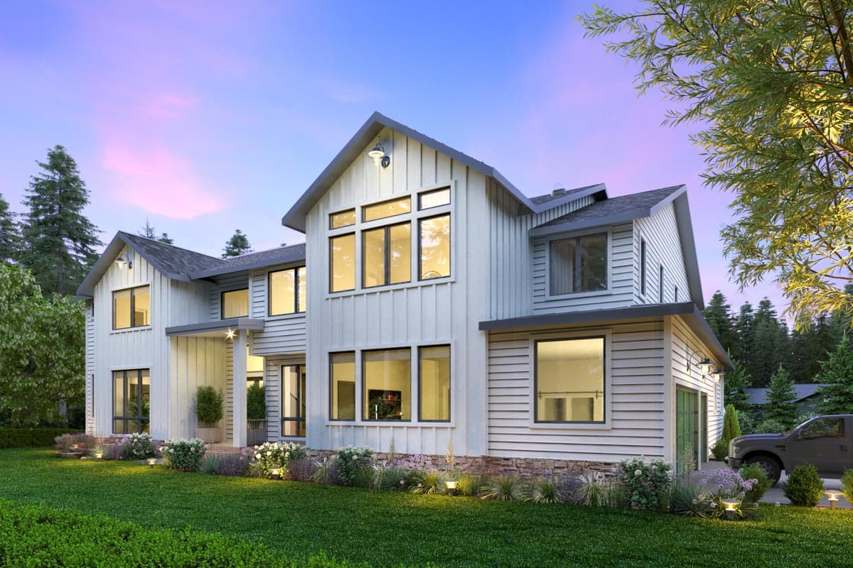 Modern farmhouse house plan exterior with board and batten siding, prominent gables, and large windows.