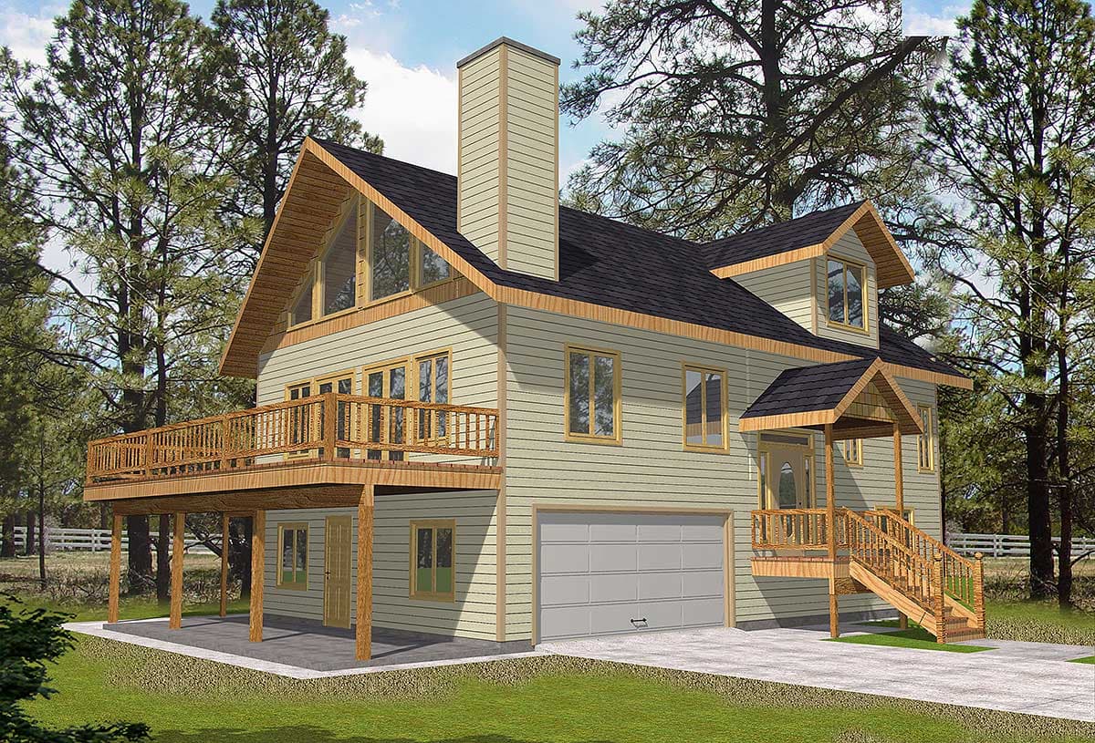 House plan exterior: Two-story home with a prominent gable, large deck, attached garage, and front porch with stairs.