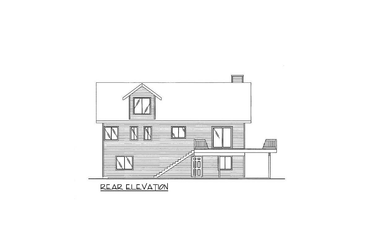 Rear elevation drawing of a two-story house with multiple windows, a dormer, and a deck with stairs.