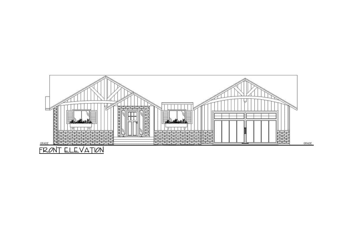 Front elevation drawing of a single-story house with a covered entry, gable rooflines, and a side-facing garage.