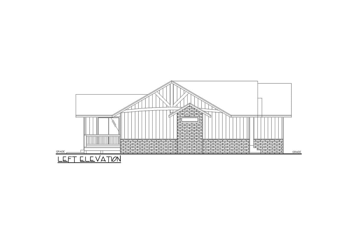 Left elevation house plan with prominent gable, exposed rafters, stone base, and covered porch.