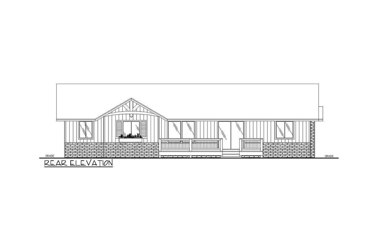 Rear elevation drawing of a single-story house with a gable, multiple windows, and a wrap-around deck.