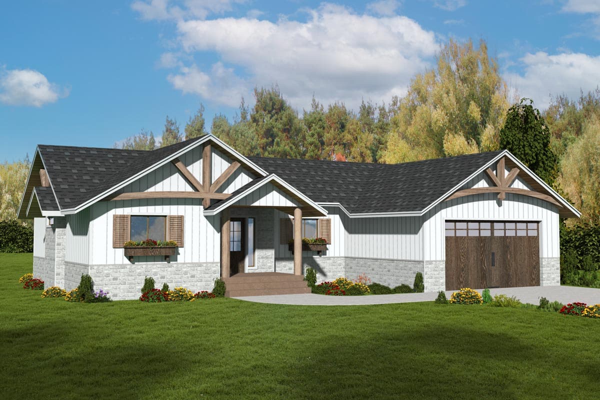 House plan exterior: Single-story Modern Farmhouse with stone base, gabled roof, exposed rafter tails, and covered front porch.