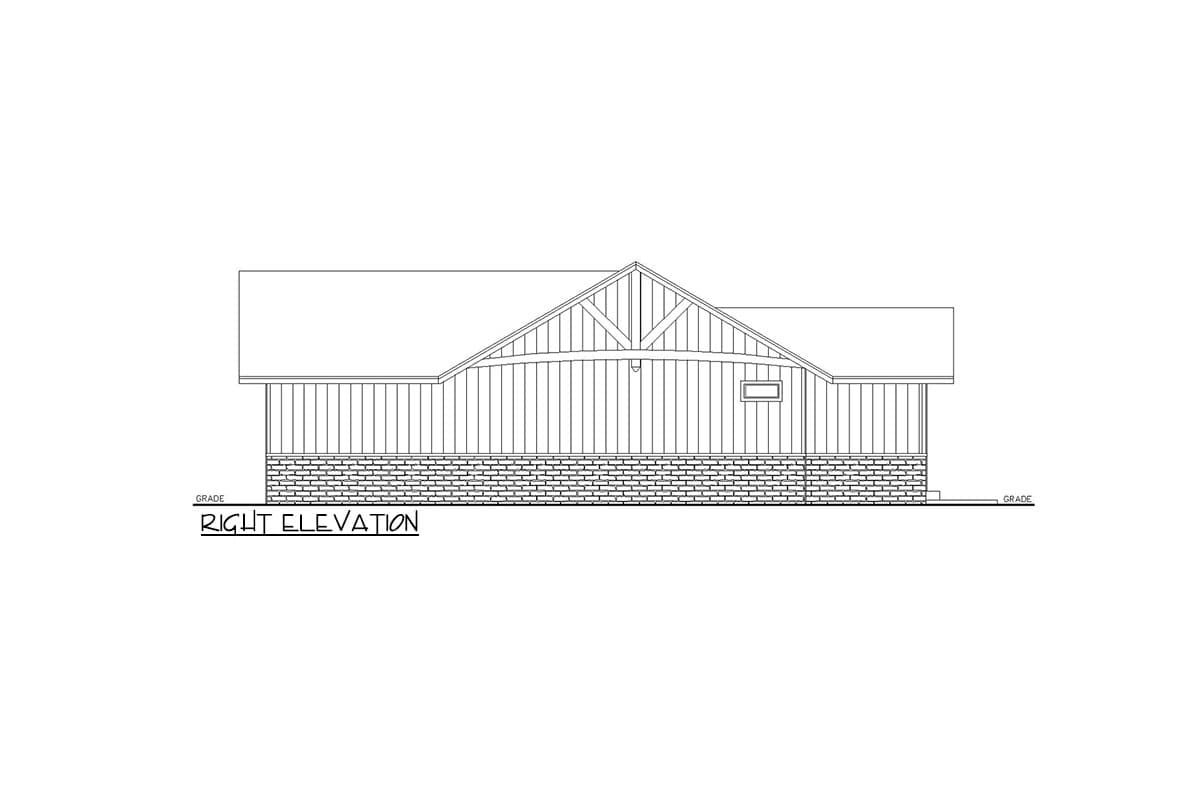 Right elevation drawing of a house plan showing a gable roof, vertical siding, and stone foundation.