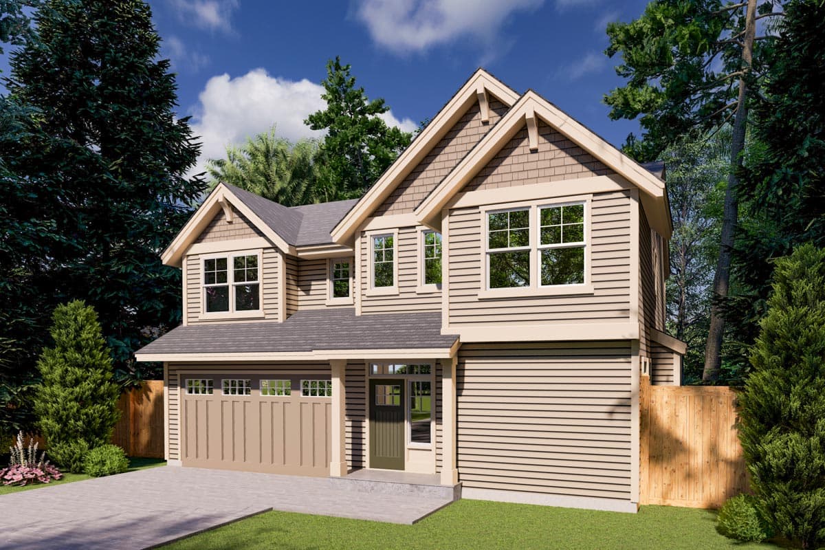 House plan exterior. Two-story Craftsman style home with gabled roof, dormers, and an attached garage. Horizontal siding, and multiple pane windows.
