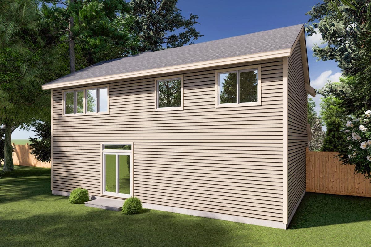 House plan exterior: Two-story building with horizontal siding, multiple upper windows, and a lower glass door.
