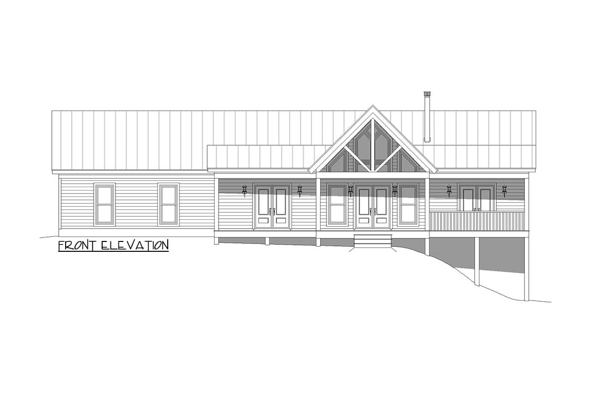 Front elevation drawing of a single-story house with a prominent gable, wraparound porch, and multiple double doors.