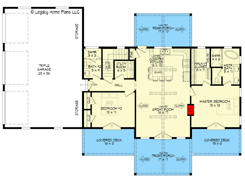 Plan 680146VR: Lake House Plan with 2-Sided Fireplace and 3-Car Side Garage - 1234 Sq Ft - Floor Plan - Main Level - Country, Craftsman, Mountain, Ranch, Rustic