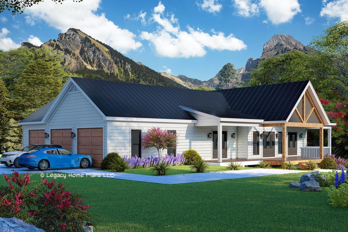 House plan exterior: Modern Farmhouse style, one story, with a three-car garage, gabled roof, and covered front porch with exposed beams.