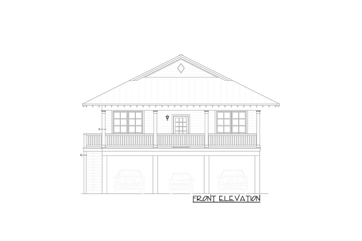 Front elevation drawing of a one-story house with a covered porch, double-hung windows, and a three-car garage below.