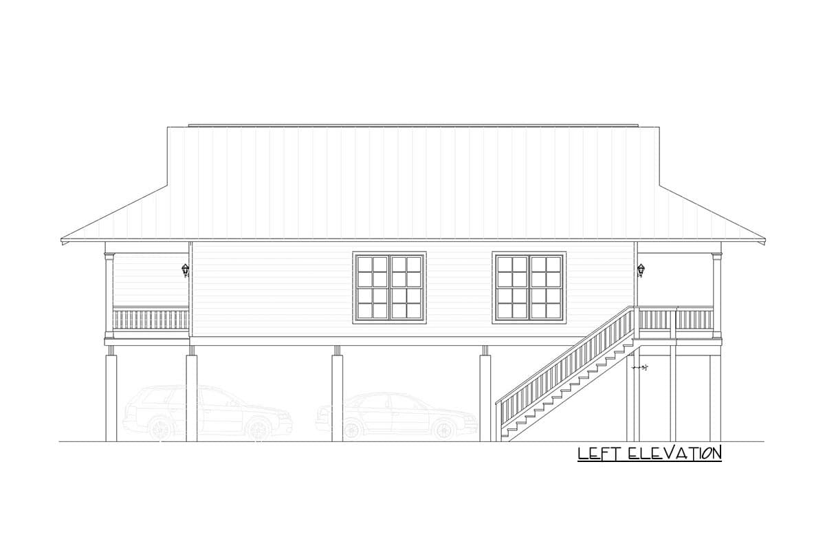 Left elevation house plan with a raised foundation, porch, double-hung windows, and carport.