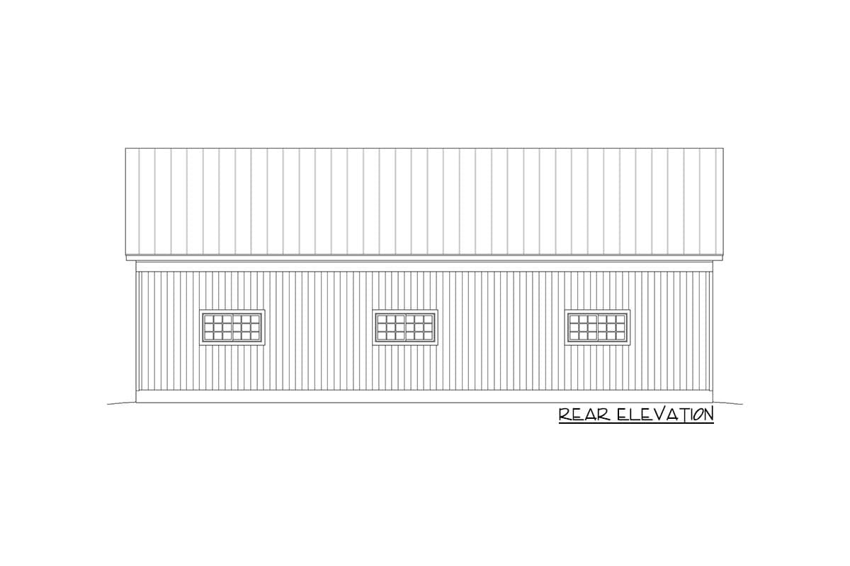 Rear elevation drawing of a building with three window openings and a metal roof.