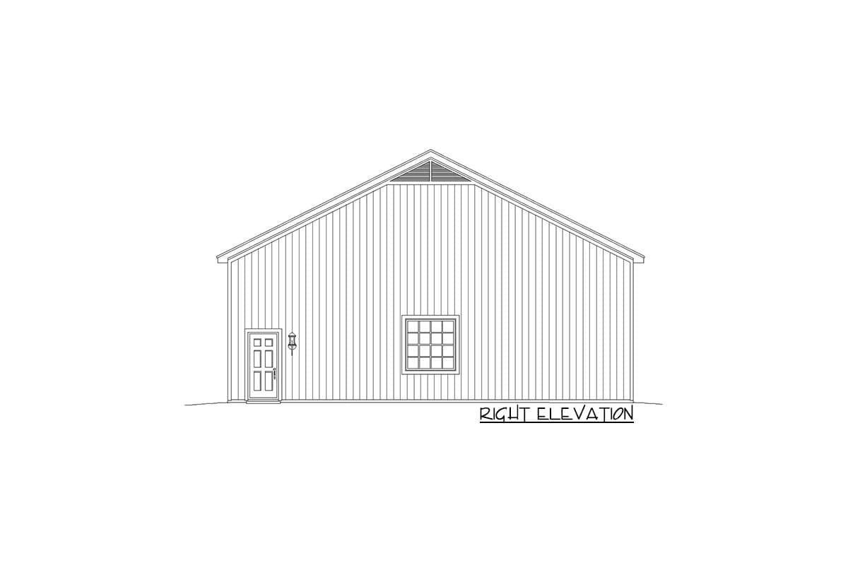 Right elevation drawing of house plan with vertical siding, door, window, and gable vent.