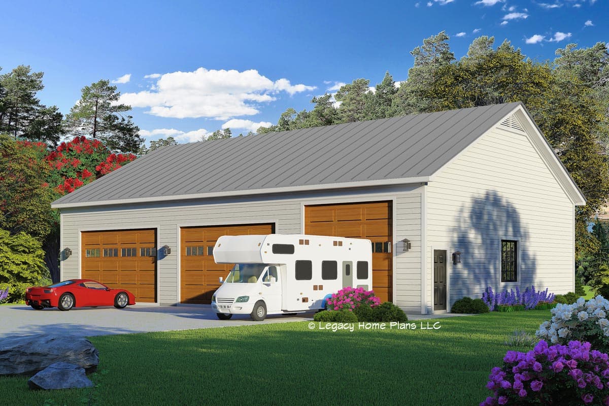 House plan exterior with three-bay garage, gabled roof, and wood garage doors. Includes RV and sports car in the driveway.