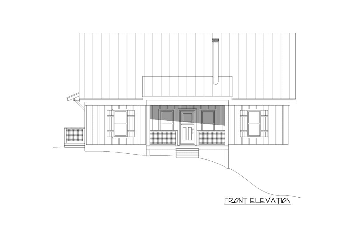 Front elevation drawing of a house plan with a prominent covered porch, metal roof, and vertical siding.