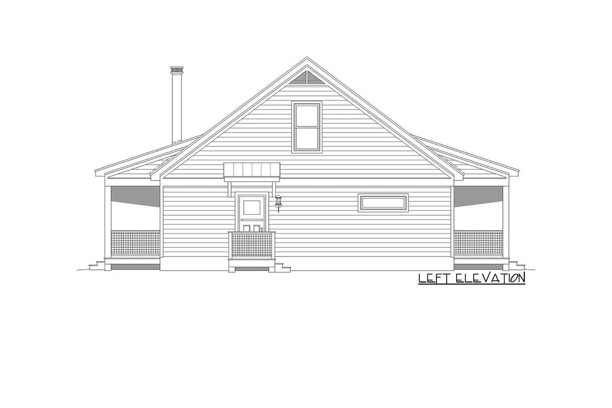 Left elevation house plan with a gable roof, dormer window, front porch, and chimney.