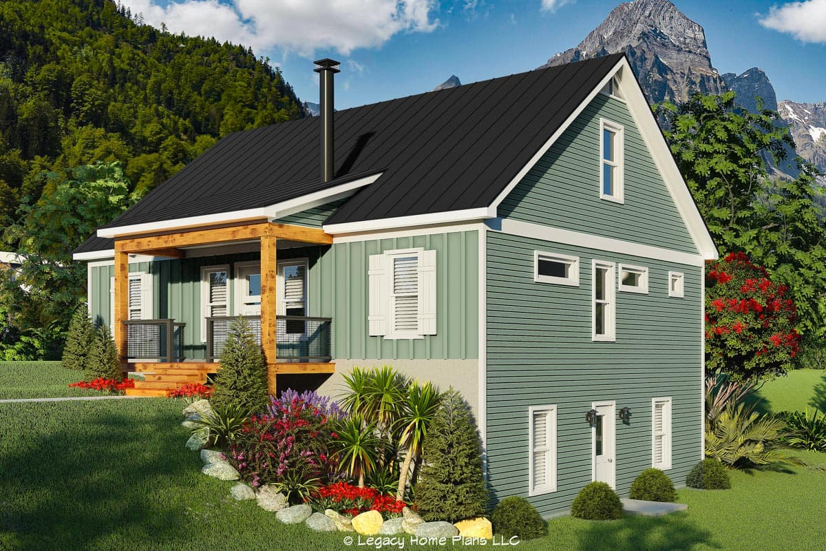 House plan exterior. Two-story home with a gabled roof, a front porch, and vertical siding. Features a black metal roof.