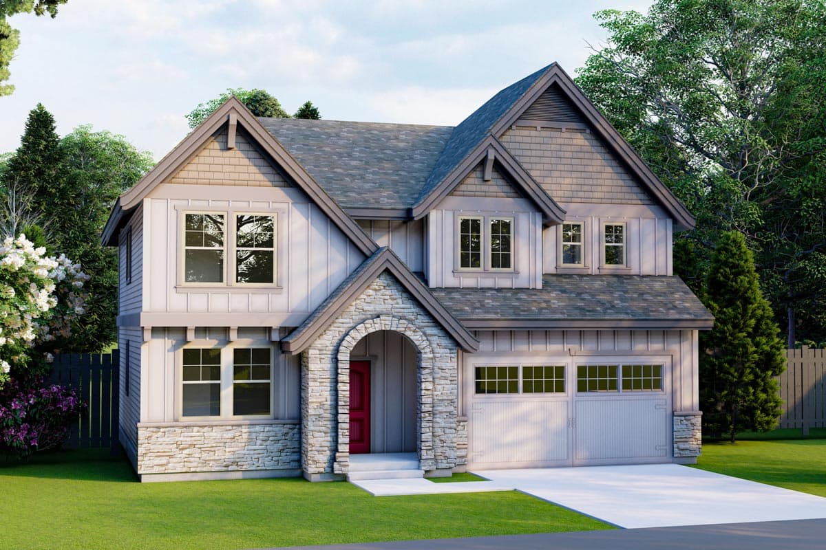 House plan exterior. Two-story Craftsman home with a stone archway over the front door, gabled roof, and attached garage. Includes dormers.