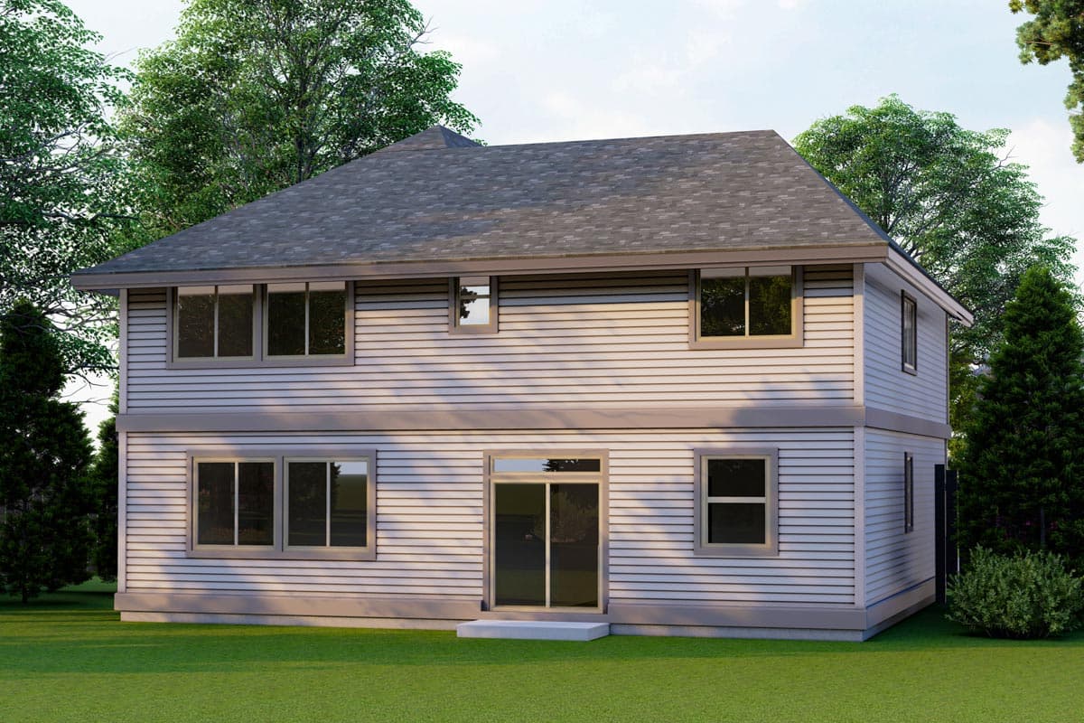 Two-story house plan exterior with horizontal siding, multiple windows, and a sliding glass door on the main level.