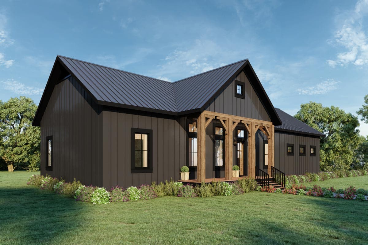 Modern Farmhouse house plan exterior with dark siding, gabled roof, and a wood-post covered entry.