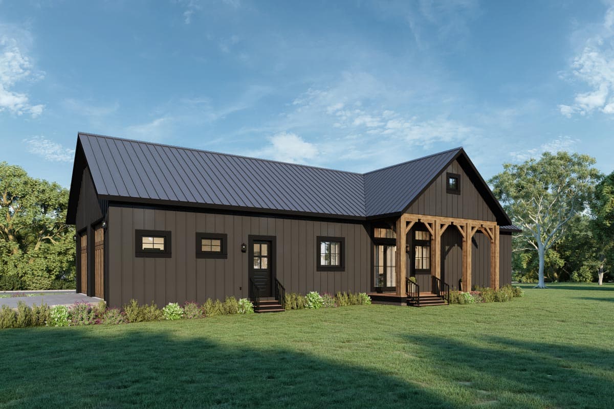Modern Farmhouse house plan exterior: one story, dark siding, dark metal roof, exposed wood beam porch, and attached garage.