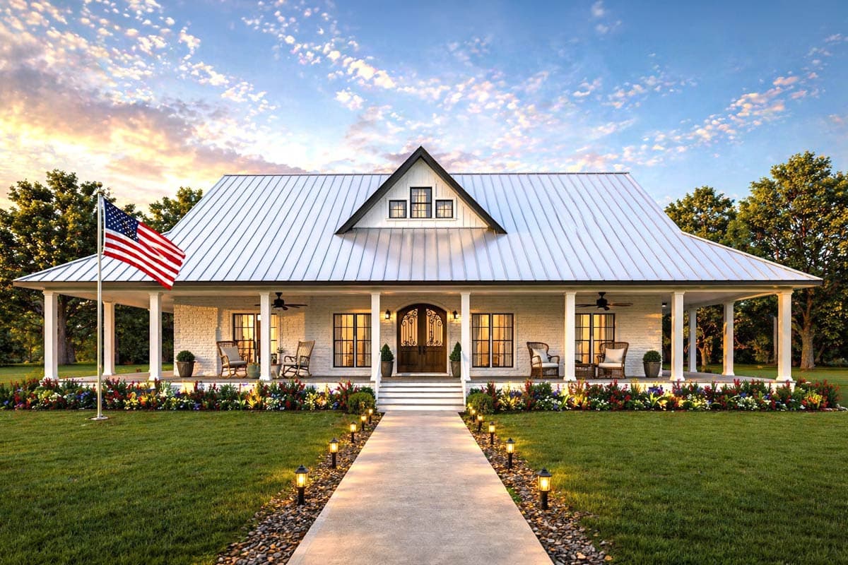 House plan exterior of a one-story Modern Farmhouse with a wraparound porch, white metal roof, gabled dormers, and brick exterior.