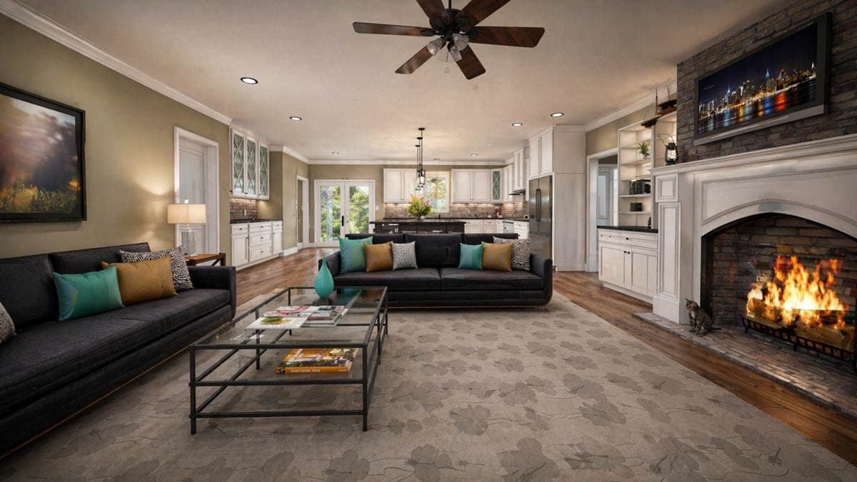 Open concept living area with fireplace, kitchen island, and white cabinetry.