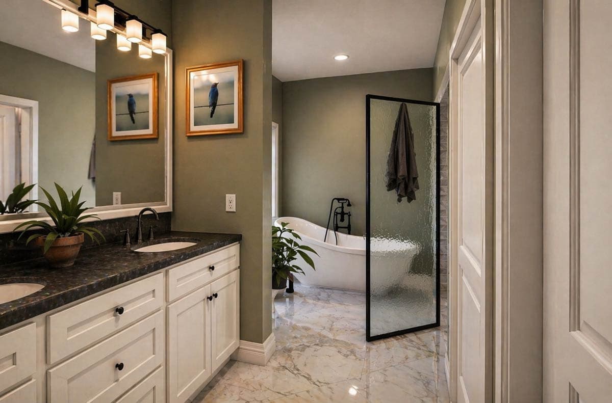 Bathroom with double vanity, freestanding tub, and glass-enclosed shower.