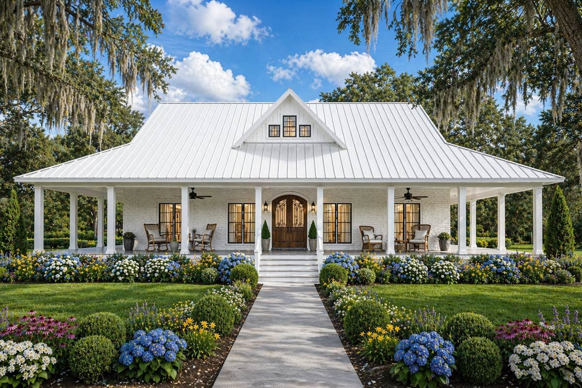 Modern Farmhouse house plan exterior with a wraparound porch, metal roof, dormer windows, and brick facade.