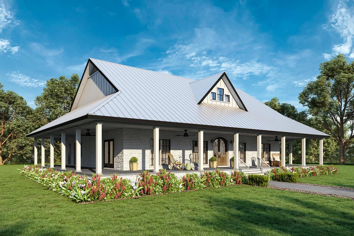House plan exterior: Modern Farmhouse style, one story, wrap-around porch, metal gable roof, brick exterior.