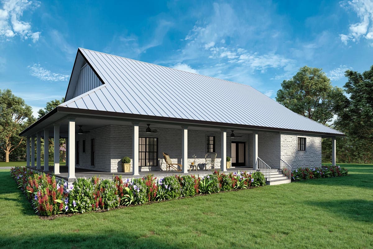 House plan exterior: Modern farmhouse style, one story, with a metal gable roof and wrap-around porch with columns.
