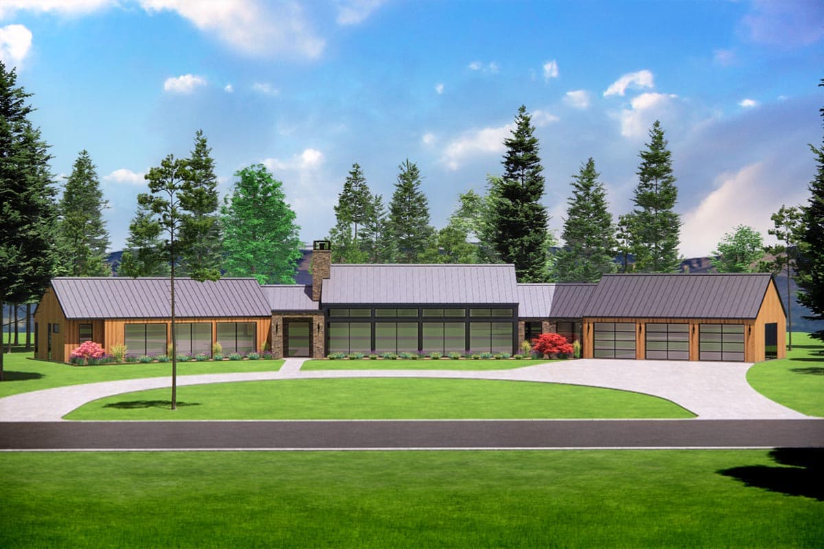 House plan exterior. Modern style with shed roofs and a three-car garage. Features include a stone chimney and large windows. Single story.