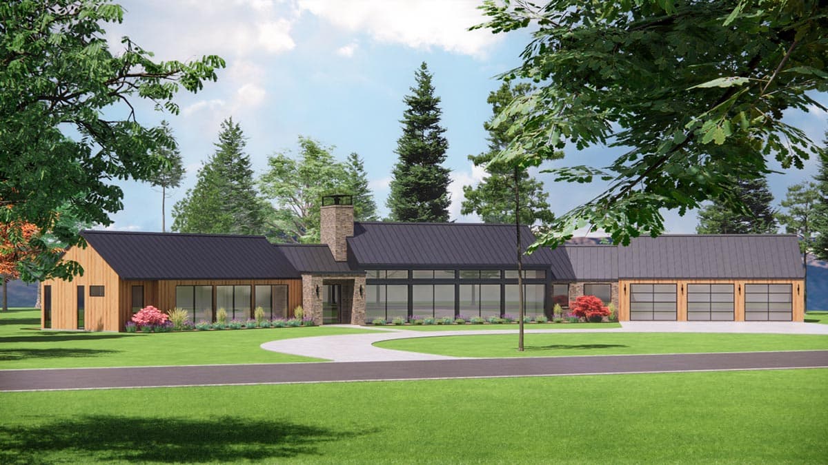 Modern house plan exterior with metal roof, wood siding, stone chimney, and three-car garage with glass doors.