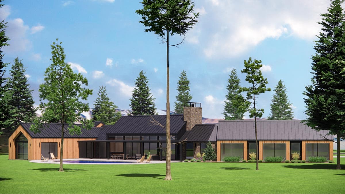 House plan exterior: Modern ranch with metal roof, wood siding, large windows, and stone chimney.