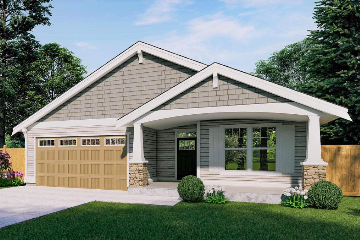 House plan exterior. Single-story Craftsman with covered porch, gabled roof, and attached garage. Stone-clad porch columns. Shingle siding.