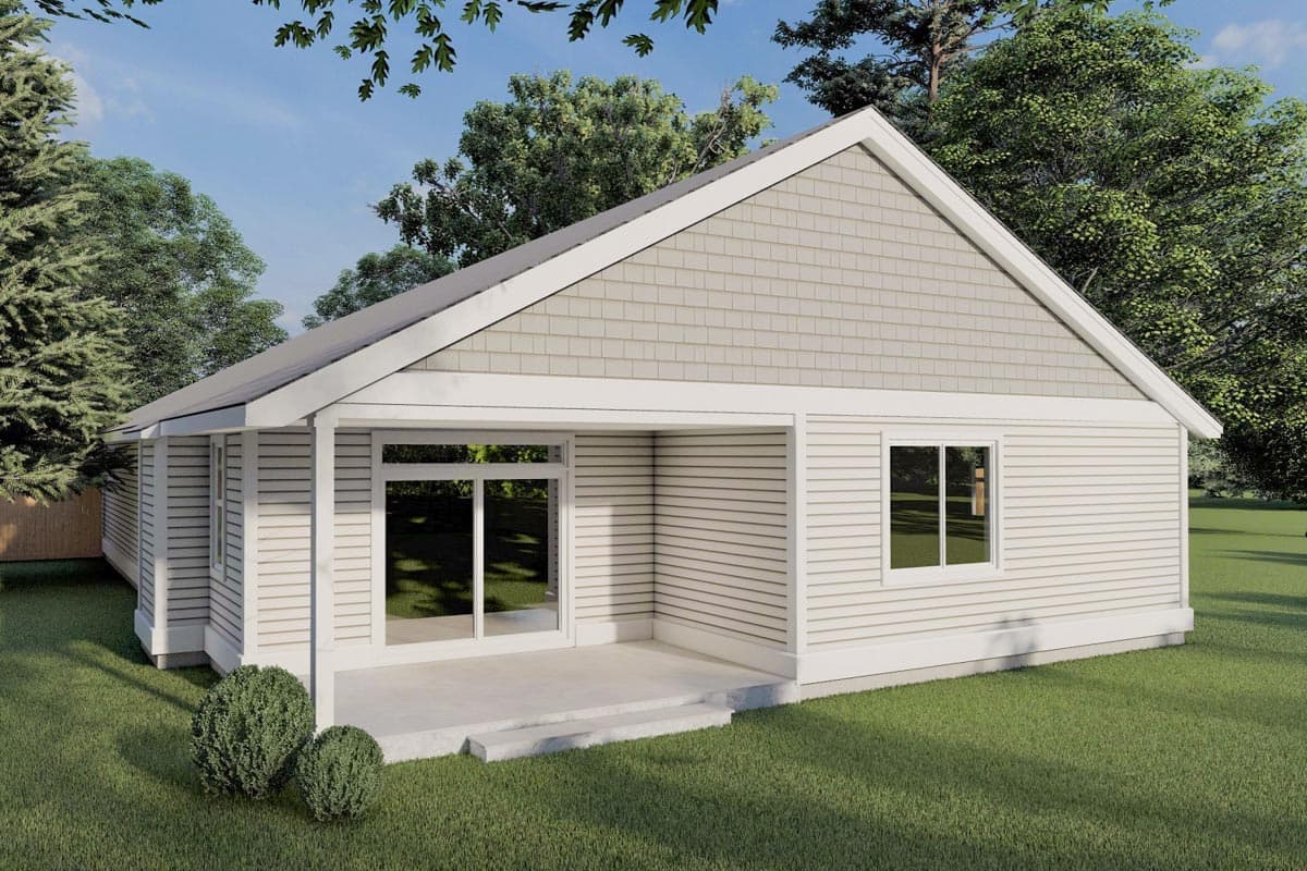 House plan exterior: single-story home with a covered porch, large sliding glass doors, and gabled roofline with shingle siding.