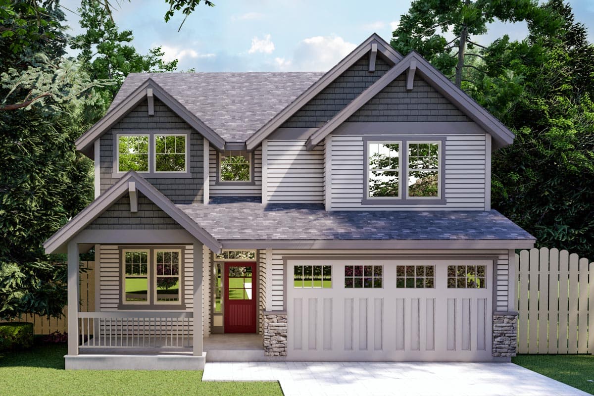 Two-story house plan exterior in Craftsman style. Features include gabled roof, front porch, and garage. Stone accents on the exterior.