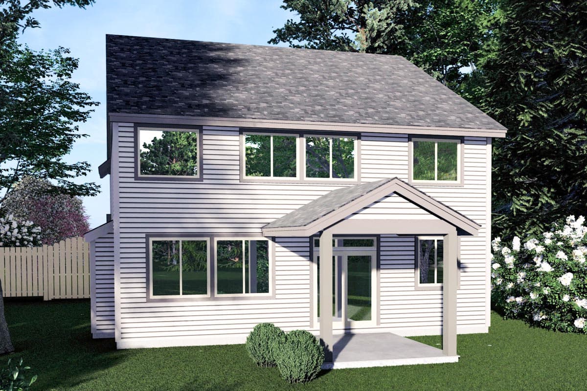 Two-story house plan exterior with horizontal siding, a gabled entry porch, and numerous rectangular windows.