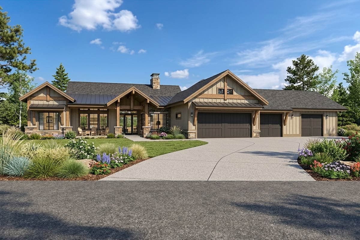 Plan 64539SC: Craftsman House Plan with Garage Workshop and Lower Level Expansion - Image #1 - Craftsman, Mountain, Rustic