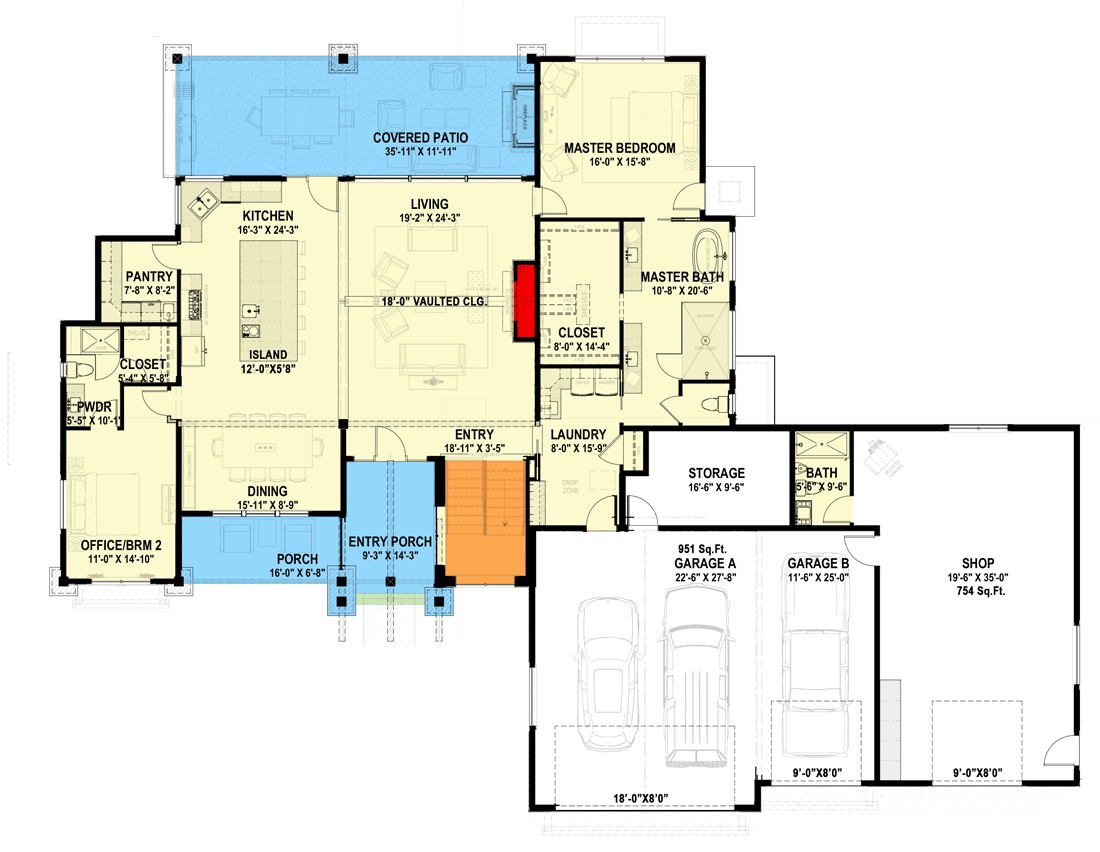 Plan 64539SC: Craftsman House Plan with Garage Workshop and Lower Level Expansion - Floor Plan - Main Level - Craftsman, Mountain, Rustic