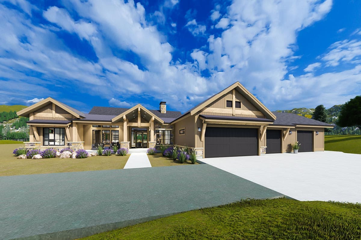 House plan exterior. Craftsman style, one-story. Features include gabled rooflines, exposed rafter tails, and a front-entry garage.