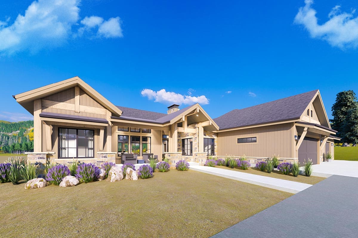 Modern Farmhouse house plan exterior, one story, with stone accents, gabled rooflines, and a three-car garage.