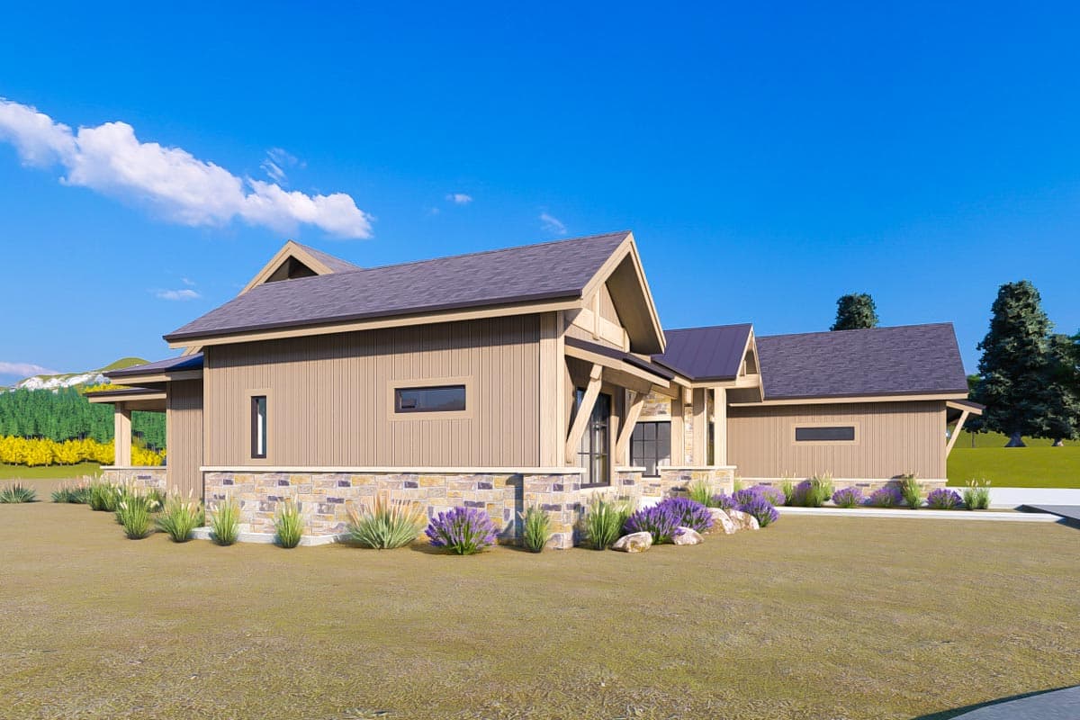 House plan exterior: Single-story modern home with stone base, wood siding, gabled rooflines, exposed beams, and a covered entry.