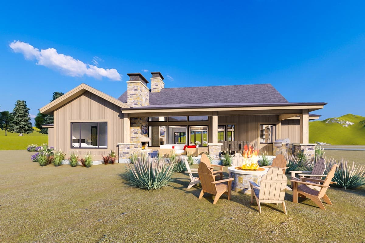 Modern house plan exterior with stone chimneys, covered patio with outdoor seating and fireplace, and a fire pit.