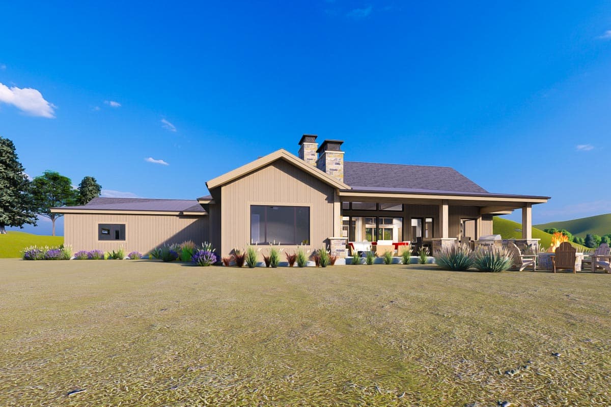 Modern ranch house plan exterior with stone chimney, large windows, and covered patio.