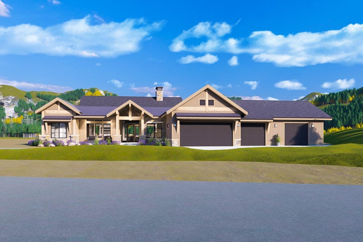 Modern Farmhouse house plan exterior with a prominent gable, stone chimney, and a three-car garage.