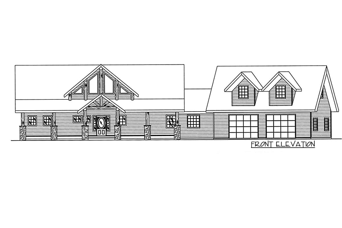 Front elevation drawing of a log-style house with a covered porch, gables, and a two-car garage.